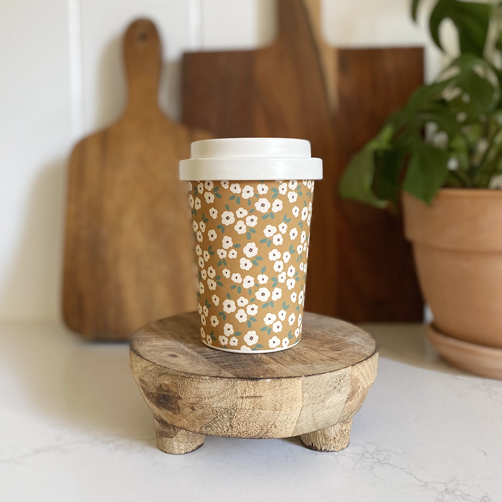 Reusable Bamboo Coffee Cups - Mustard Floral