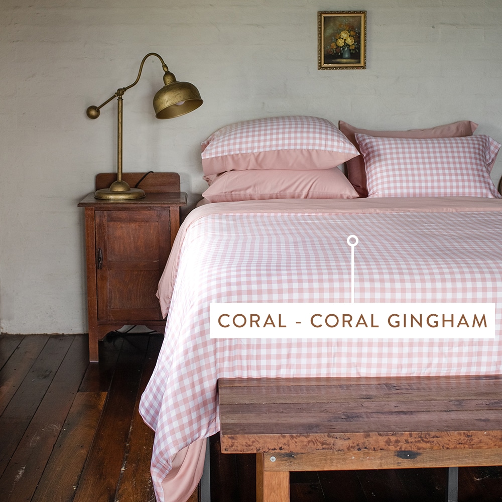 Double Sided Quilt Cover Coral and Coral Gingham