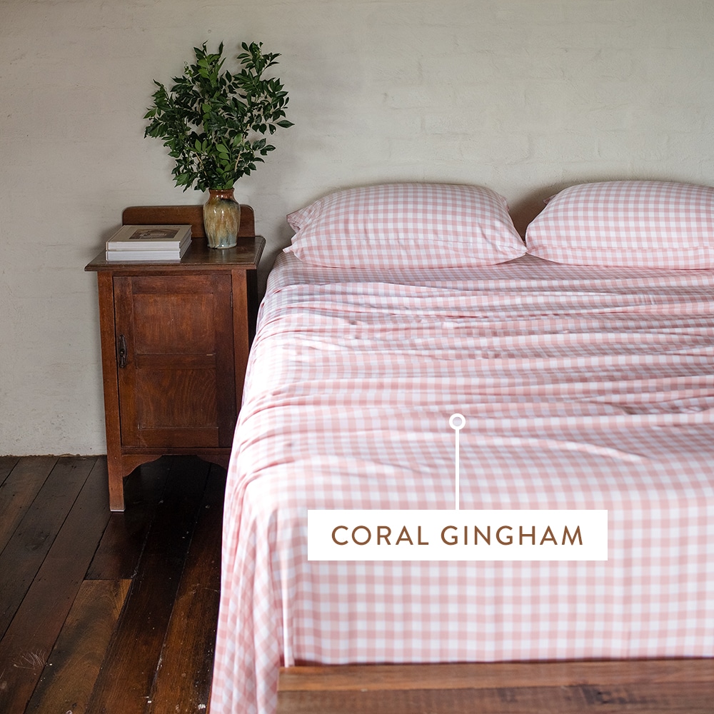 100% Bamboo Sheet Set – Coral Gingham - Queen